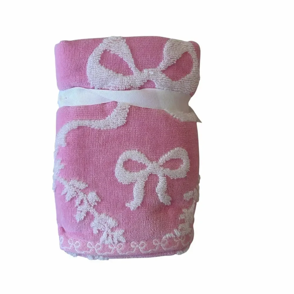 4pc Plush Pink & White BOW Towel Set - 2 Hand 2 Bath Cotton Chic Bath NEW